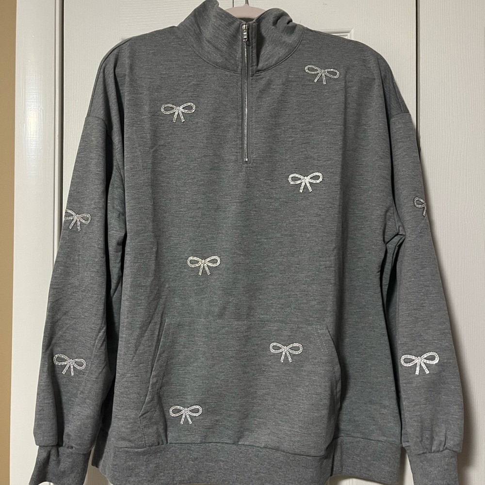 Gray Sweatshirt with rhinestone Bow Accents- new with tag